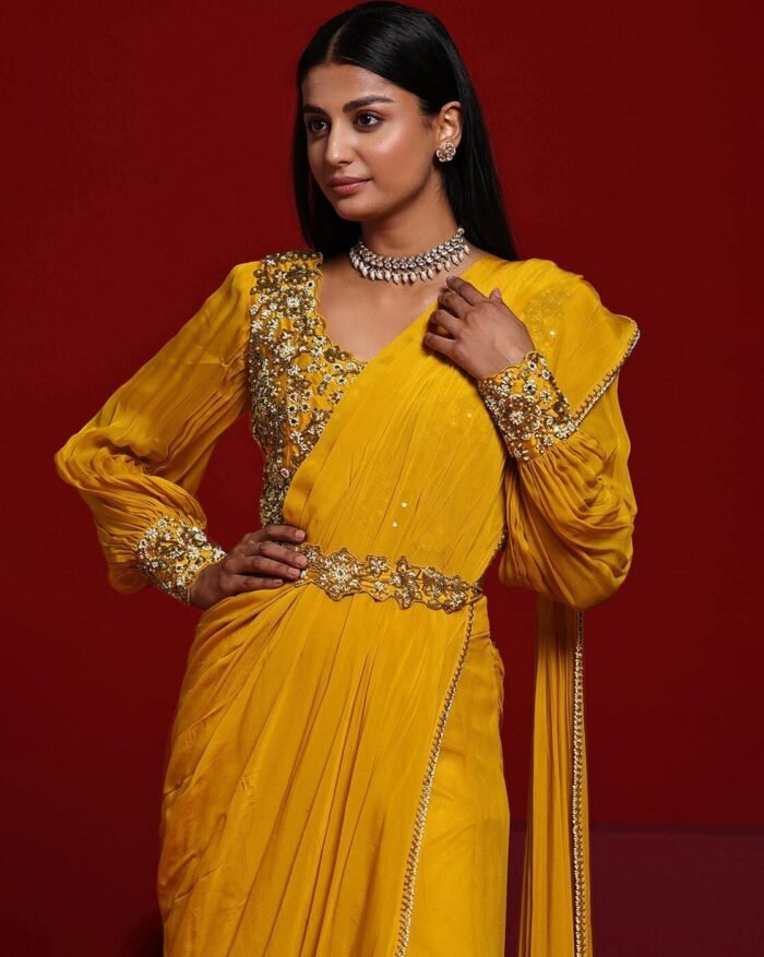 Women Mustard Beads Embellished Top with Draped Saree - Image 2