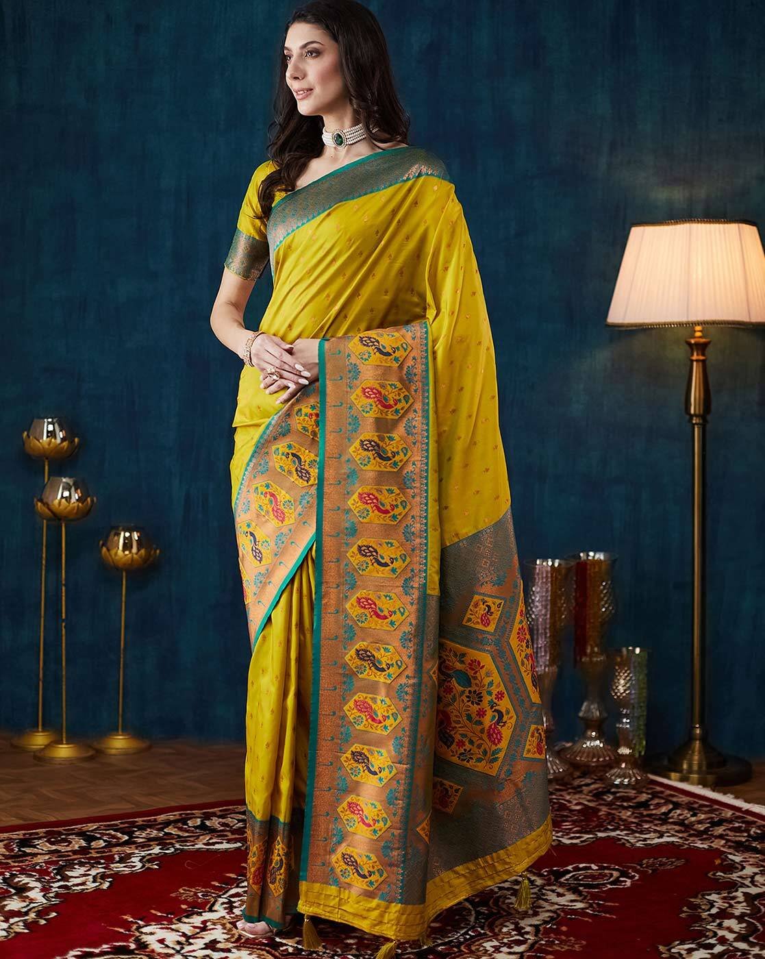 -1117Wx1400H-701342195-green-MODEL2 Women Silk Traditional Saree with Zari Border - Image 1